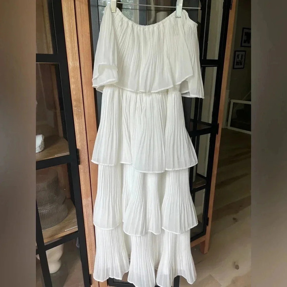 Lulus Gala Ready Off Shoulder Ruffle Midi Dress pleated bridal tiered engagement - Picture 6 of 9